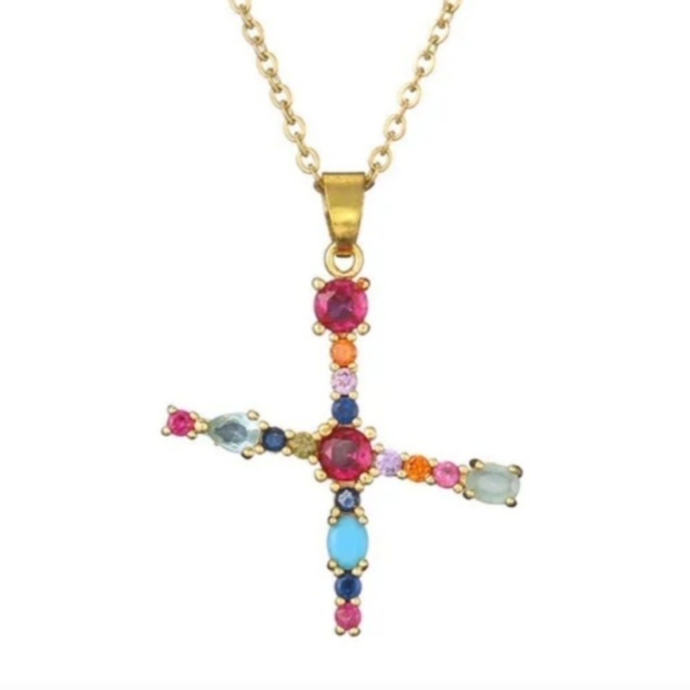 X Initial Pendant Necklace Multi-color Rhinestones Gold Tone Chain